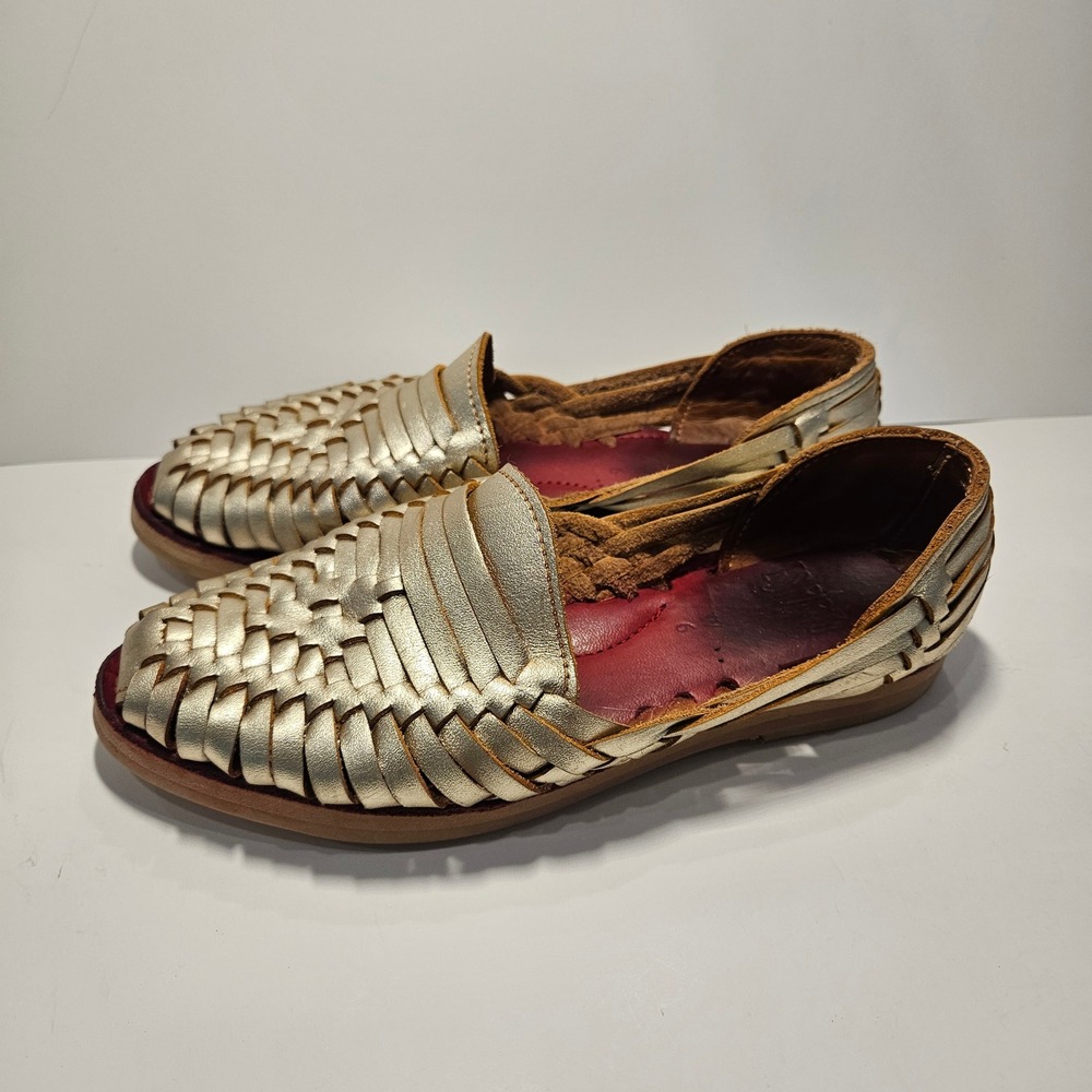 Espiritu Womens Gold Metallic Leather Woven Huarache Sandals Flats Size‎ 6 Shoes